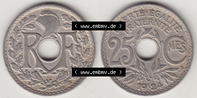 Münzen Frankreich Eurovorläufer, Umlaufmünze vor Euroeinführung 1917-1937, 25 Cmes, Centimes 1924 (Stück 1) LIBERTE EGALITE... Sammlung
