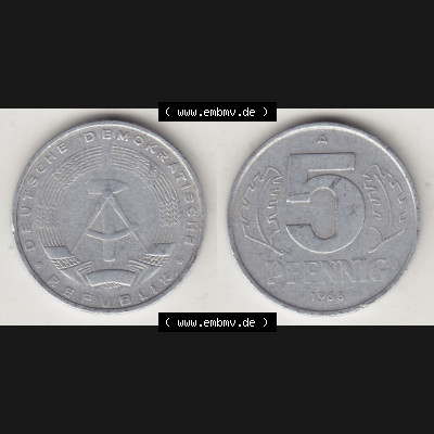 Münzen Deutschland DDR 1968-1990, A 5 Pfennig 1968-2. Vorderseite und Rückseite einer Münze auf einen Bild, einer 5 Pfennig Münze der ehemaligen DDR in Europa als... Sammlung
