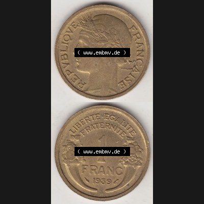 Münzen Frankreich Eurovorläufer, Umlaufmünze vor Euroeinführung 1931-1941, 1 Franken, 1 Franc, 1939-1 LIBERTE EGALITE FRATERNITE. Rückseite und Vorderseite... Sammlung