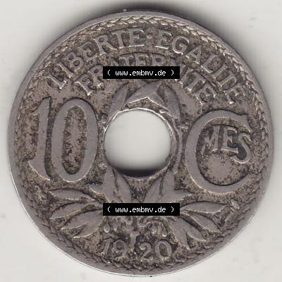 Münzen Frankreich Eurovorläufer, Umlaufmünze vor Euroeinführung 1917-1938, 10 Centimes, 10 CMES EGALITÉ FRATERNITÉ LIBERTÉ 1920-1. Rückseite... Sammlung