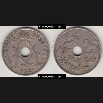 Münzen Belgien Eurovorläufer, Umlaufmünze vor Euroeinführung 1910-1929, 25 Centime - KONINKRIJK BELGIË 1921 (3) Sammlung