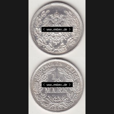 Münzen Deutschland 1871-1918 Kaiserreich Silbermünze 1905-1919, 1/2 Mark A 1917. Vorderseite und Rückseite Vertikal Untereinander, passend für Mobile-Geräte,... Sammlung