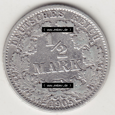 Münzen Deutschland 1871-1918 Kaiserreich Silbermünze 1905-1919, 1/2 Mark A 1905. Rückseite einer Münze aus dem Deutschen Kaiserreich... Sammlung