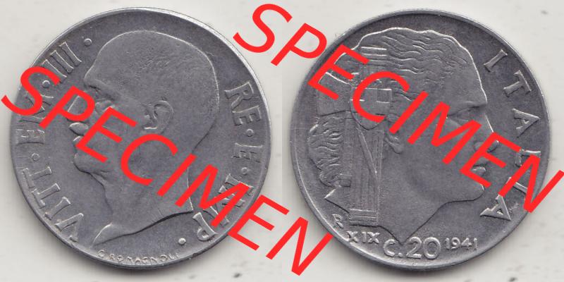 Münzen Italien / Italia Eurovorläufer, Umlaufmünze vor Euroeinführung 1939-1943, 20 C. Centesimi, Cent 1941-1. Rückseite und Vorderseite horizontal... Sammlung