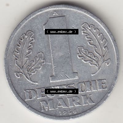 Münzen Deutschland DDR 1956-1963, A 1 Deutsche Mark 1956-2. Rückseite einer 1 Mark Münze / Umlaufmünze aus Deutschland der ehemaligen DDR in Europa als Digitales Bild... Sammlung