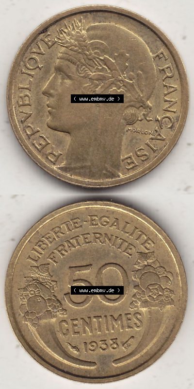 Alte Münzen Frankreich, Kursmünzensatz Zeitraum 1917-1952, der Münze 1931-1947, 50 Centimes, 1938 (Stück 1). Rückseite und... Sammlung