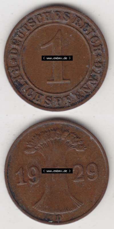 Münzen Deutschland 1918-1932 Weimarer Republik 1924-1936, 1 Reichspfennig D, 1929 (4) Sammlung