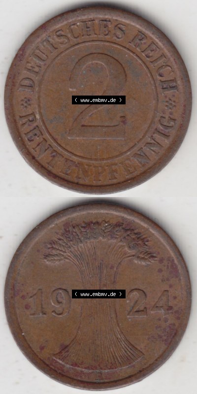 Münzen Deutschland 1918-1932 Weimarer Republik 1923-1936, 2 Reichspfennig A, 1924 (4) Sammlung
