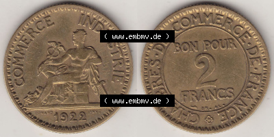 Münzen Frankreich Eurovorläufer, Umlaufmünze vor Euroeinführung 1920-1927, 2 Francs - Franken 1922 (Stück 1). Vorderseite... Sammlung