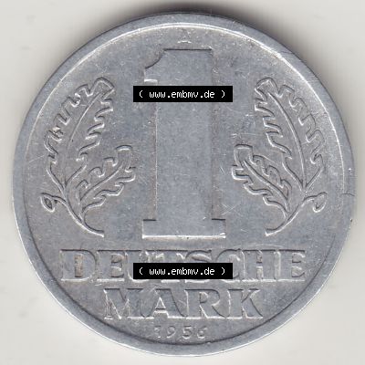 Münzen Deutschland DDR 1956-1963, A 1 Deutsche Mark 1956-1. Rückseite einer 1 Mark Münze / Umlaufmünze aus Deutschland der ehemaligen DDR in Europa als Digitales Bild... Sammlung