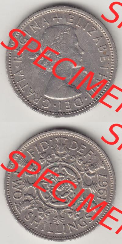 Münzen Großbritannien Eurovorläufer, Umlaufmünze vor Euroeinführung 1954-1970, 2 Schilling - Shillings 1967-1. Vorderseite und Rückseite vertikal untereinander... Sammlung