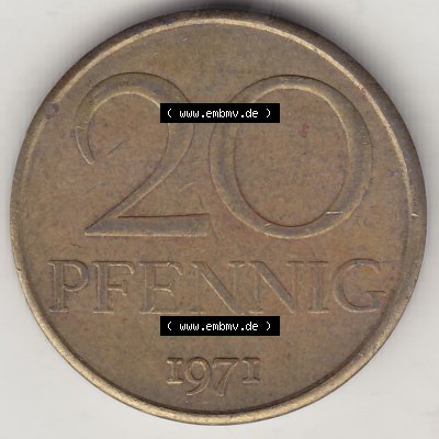 Münzen Deutschland DDR 1969-1990, 20 Pfennig 1971-1, DDR-Telefonmünze. Rückseite einer 20 Pfennig Münze / Umlaufmünze in der DDR auch als Telefonmünze... Sammlung