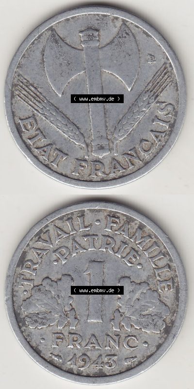 Münzen Frankreich Eurovorläufer, Umlaufmünze vor Euroeinführung 1942-1944, 1 Franken - Francs 1943 (Stück 1). Vorderseite... Sammlung