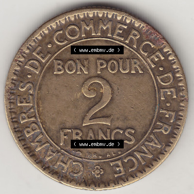 Münzen Frankreich Eurovorläufer, Umlaufmünze vor Euroeinführung 1920-1927, 2 Franken 1925 (Stück 1), BON POUR 2 FRANCS CHAMBRES... Sammlung