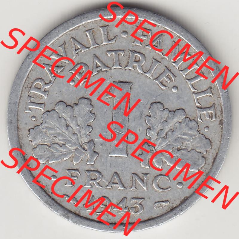 Münzen Frankreich Eurovorläufer, Umlaufmünze vor Euroeinführung 1942-1944, 1 Franken - Francs 1943-2. Rückseite einer Münze aus Europa als Digitales Bild... Sammlung