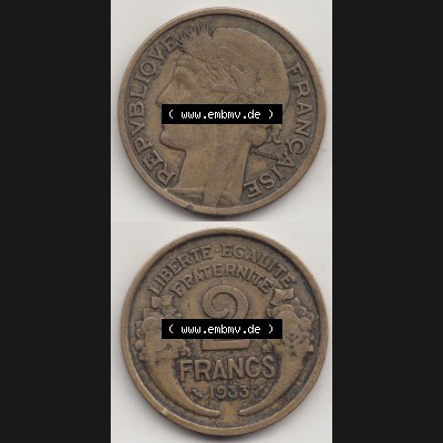 Münzen Frankreich Eurovorläufer, Umlaufmünze vor Euroeinführung 1931-1941, 2 Franken 1933-1 LIBERTE EGALITE FRATERNITE. Rückseite und Vorderseite vertikal untereinander... Sammlung