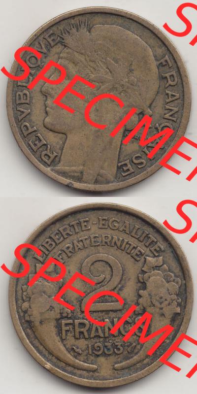 Münzen Frankreich Eurovorläufer, Umlaufmünze vor Euroeinführung 1931-1941, 2 Franken 1933-1 LIBERTE EGALITE FRATERNITE. Rückseite und Vorderseite vertikal untereinander... Sammlung