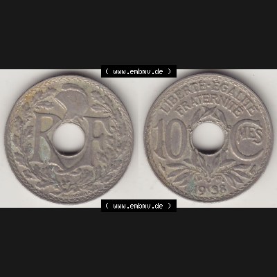 Münzen Frankreich Eurovorläufer, Umlaufmünze vor Euroeinführung 1917-1938, 10 Centimes - Cmes 1938-2. Vorderseite und Rückseite Nebeneinander einer Münze... Sammlung