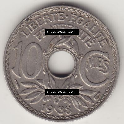 Münzen Frankreich Eurovorläufer, Umlaufmünze vor Euroeinführung 1917-1938, 10 Centimes - Cmes 1938. Rückseite einer Münze aus Europa als Digitales Bild... Sammlung