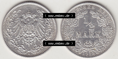 Münzen Deutschland 1871-1918 Kaiserreich Silbermünze 1905-1919, 1/2 Mark J 1915. Vorderseite und Rückseite Nebeneinander einer... Sammlung