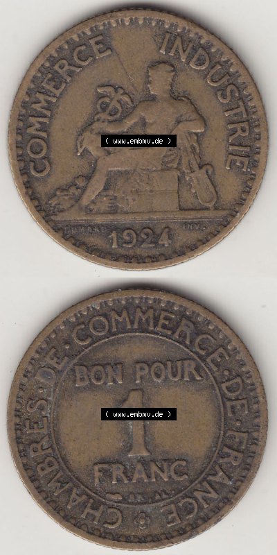 Münzen Frankreich Eurovorläufer, Umlaufmünze vor Euroeinführung 1920-1927, 1 Franken BON POUR 1 FRANC 1924 (Stück 1). Vorderseite... Sammlung