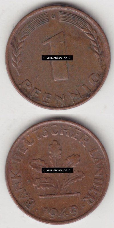 Münzen Deutschland 1 Pfennig-Deutsche Mark 1948-1949, 1 Pfennig 1949 G. Rückseite und Vorderseite in vertikaler Ansicht für... Sammlung