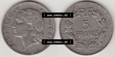 Münzen Frankreich Eurovorläufer, Umlaufmünze vor Euroeinführung 1933-1938, 5 Franken - Francs RF 1933. Vorderseite und Rückseite... Sammlung