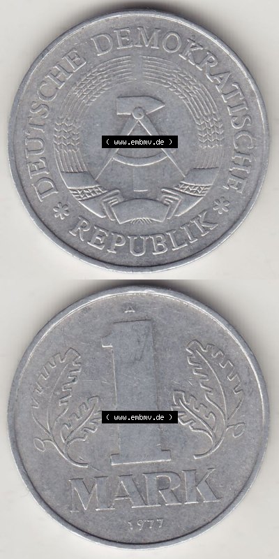 Münzen Deutschland DDR 1972-1990, A 1 Mark 1977 (Stück 5). Vorderseite und Rückseite Vertikal Untereinander, passend für Mobile-Geräte,... Sammlung