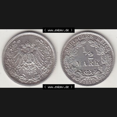 Münzen Deutschland 1871-1918 Kaiserreich Silbermünze 1905-1919, 1/2 Mark A 1918. Vorderseite und Rückseite Nebeneinander einer Münze aus Europa dem Deutschen Kaiserreich... Sammlung