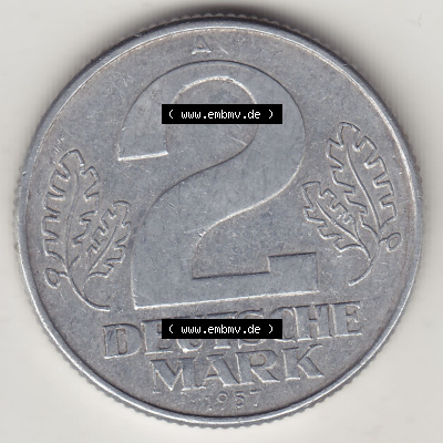 Münzen Deutschland DDR 1957-1957, A 2 Deutsche Mark 1957 (Stück 1). Rückseite einer 2 Mark Münze / Umlaufmünze aus Deutschland... Sammlung