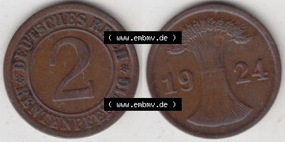 Münzen Deutschland 1918-1932 Weimarer Republik 1923-1924, 2 Rentenpfennig 1924 A, D, E, F, G, J (3) Sammlung