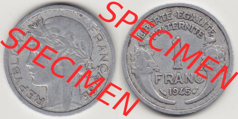 Münzen Frankreich Eurovorläufer, Umlaufmünze vor Euroeinführung 1941-1959, 1 Franken - Francs 1945. Vorderseite und Rückseite Nebeneinander einer Münze... Sammlung