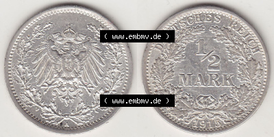 Münzen Deutschland 1871-1918 Kaiserreich Silbermünze 1905-1919, 1/2 Mark A 1915. Vorderseite und Rückseite Nebeneinander einer... Sammlung
