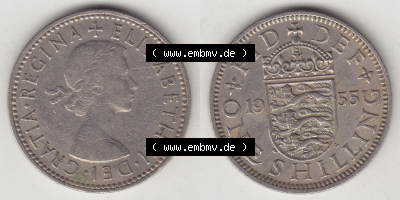 Münzen Großbritannien Eurovorläufer, Umlaufmünze vor Euroeinführung 1954-1970, 1 Schilling - Shilling, 1955 (Stück 2) Wappen... Sammlung