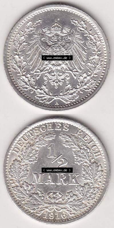 Münzen Deutschland 1871-1918 Kaiserreich Silbermünze 1905-1919, 1/2 Mark A 1916. Vorderseite und Rückseite Vertikal Untereinander,... Sammlung