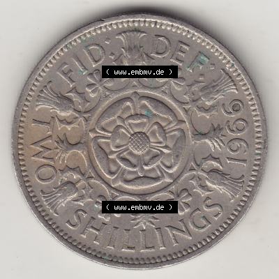 Münzen Großbritannien Eurovorläufer, Umlaufmünze vor Euroeinführung 1954-1970, 2 Schilling - Shillings 1966-2. Rückseite einer Münze aus Großbritannien... Sammlung