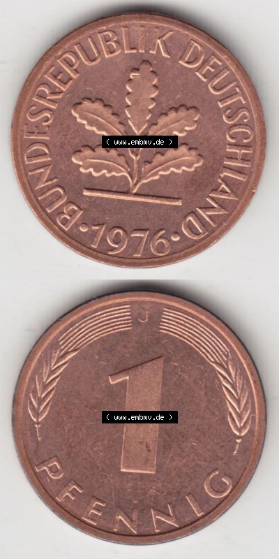 Münzen Deutschland 1 Pfennig-Deutsche Mark 1950-2001, 1 Pfennig 1976 J. Vorderseite und Rückseite in vertikaler Ansicht, einer... Sammlung