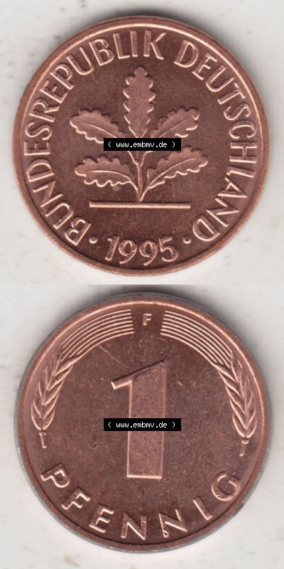 Münzen Deutschland 1 Pfennig-Deutsche Mark 1950-2001, 1 Pfennig 1995 F. Vorderseite und Rückseite in vertikaler Ansicht, einer... Sammlung