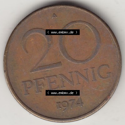 Münzen Deutschland DDR 1969-1990, 20 Pfennig 1974-1, DDR-Telefonmünze. Rückseite einer 20 Pfennig Münze / Umlaufmünze in der DDR auch als Telefonmünze... Sammlung