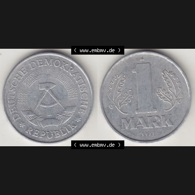 Münzen Deutschland DDR 1972-1990, A 1 Mark 1977-4. Vorderseite und Rückseite Nebeneinander einer 1 Mark Münze / Umlaufmünze aus Deutschland der ehemaligen DDR in Europa... Sammlung
