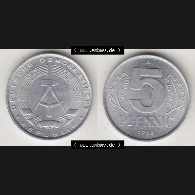 Münzen Deutschland DDR 1968-1990, A 5 Pfennig 1968-5. Vorderseite und Rückseite einer Münze auf einen Bild, einer 5 Pfennig Münze der ehemaligen DDR in Europa als... Sammlung