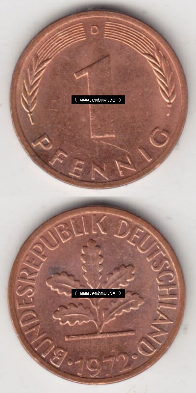 Münzen Deutschland 1 Pfennig-Deutsche Mark 1950-2001, 1 Pfennig 1972 D. Rückseite und Vorderseite in vertikaler Ansicht für... Sammlung