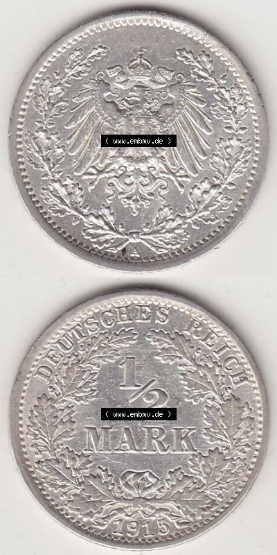 Münzen Deutschland 1871-1918 Kaiserreich Silbermünze 1905-1919, 1/2 Mark A 1915. Vorderseite und Rückseite Vertikal Untereinander,... Sammlung