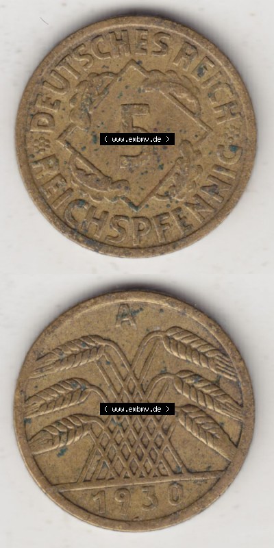 Münzen Deutschland 1918-1932 Weimarer Republik 1924-1936, 5 Reichspfennig A, 1930 (4) Sammlung