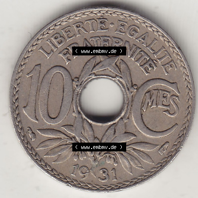 Rückseite einer 10 Cmes / Centimes / Cent Münze aus Frankreich in Europa Sammlung
