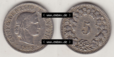 Münzen Schweiz Eurovorläufer, Umlaufmünze 1879-1980, 5 Rappen 1893 Helvetica (3) Sammlung