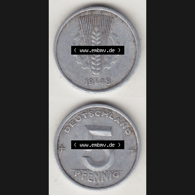 Münzen Deutschland DDR 1948-1950, A 5 Pfennig 1948-3. Vorderseite und Rückseite einer Münze in Vertikaler Ausrichtung auf einen Bild, einer 5 Pfennig Münze der ehemaligen... Sammlung