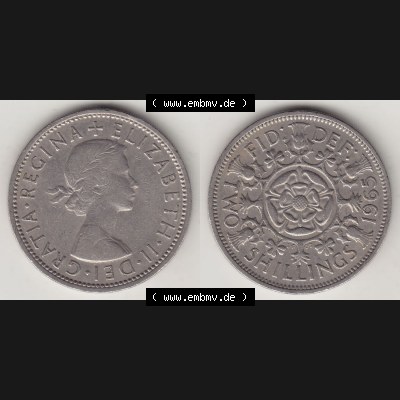 Münzen Großbritannien Eurovorläufer, Umlaufmünze vor Euroeinführung 1954-1970, 2 Schilling - Shillings 1965-1. Vorderseite und Rückseite horizontal nebeneinander... Sammlung
