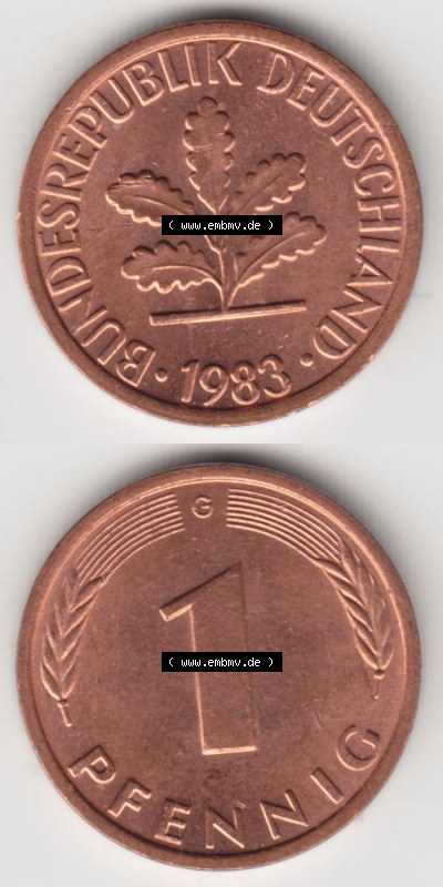 Münzen Deutschland 1 Pfennig-Deutsche Mark 1950-2001, 1 Pfennig 1983 G. Vorderseite und Rückseite in vertikaler Ansicht, einer... Sammlung