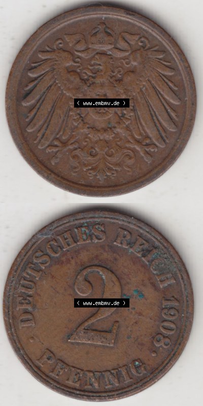 Münzen Deutschland 1871-1918 Kaiserreich 1904-1916, 2 Pfennig A, 1908 II (4) Sammlung